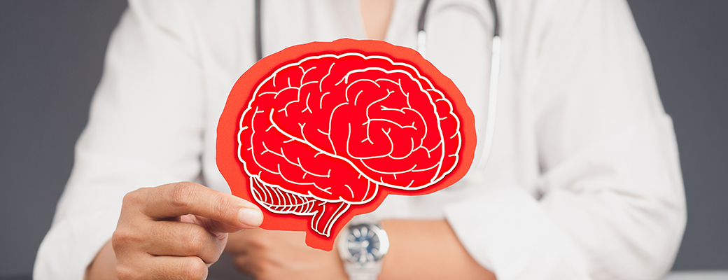 Image of lab worker holding an illustration of the brain